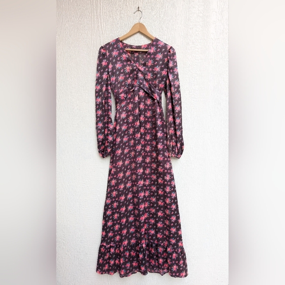 Vintage 60s 70s Handmade Floral Maxi Heavyweight Dress Gown Tie Back Medium - Picture 1 of 8